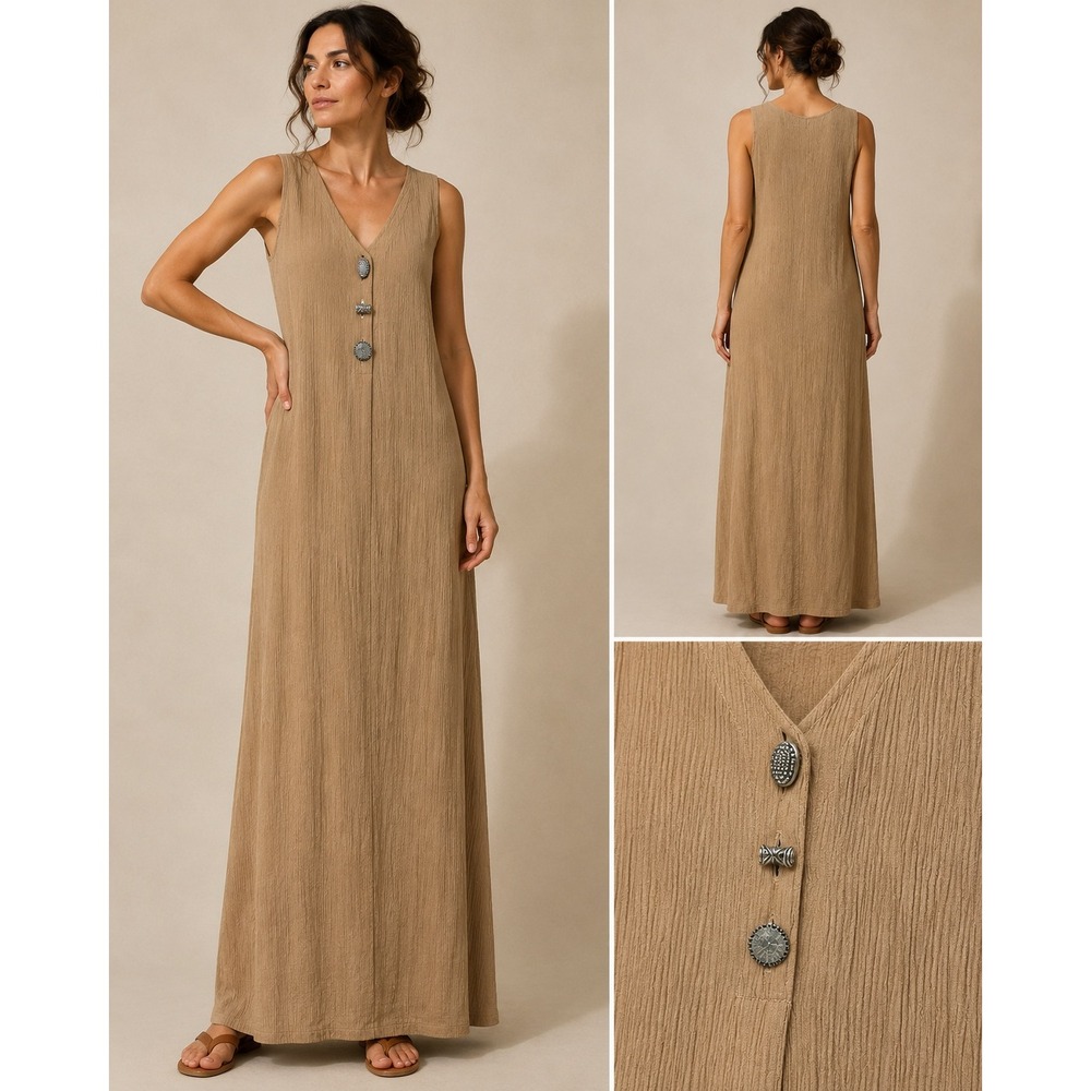 Barbara Lesser Tan Crinkle Maxi Dress XL Sleeveless V-Neck Button Detail Boho